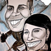 caricatura de pareja esquiando en blanco y negro