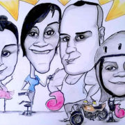 Caricatura de 4 personas en blanco y negro